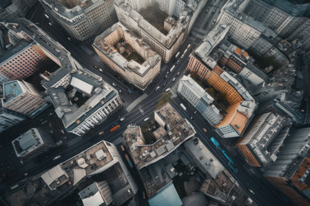 aerial view of busy city, with drone capturing details of the bustling metropolis, created with generative aiの素材