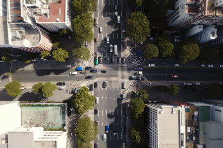 drone flyover of a busy city street, with the view from above showing cars and people in motion, created with generative aiの素材
