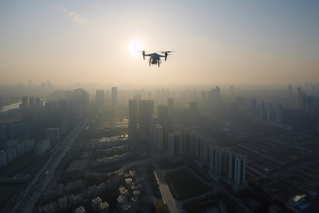 drone flies over busy metropolis, with aerial views of skyscrapers and bustling streets, created with generative aiの素材