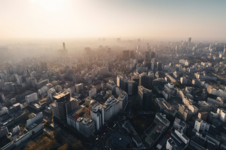 aerial view of bustling metropolis, with drone flythroughs and close-ups of the citys sights, created with generative aiの素材