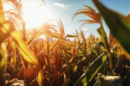 close-up of genetically modified crops, with the sun shining behind, created with generative aiの素材