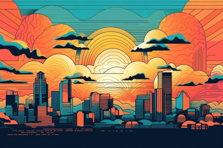 geometric line art of city skyline with dramatic clouds and sunset, created with generative aiの素材