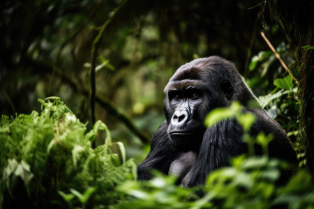 glimpse of gorilla in the wild, surrounded by lush greenery and picturesque view, created with generative aiの素材