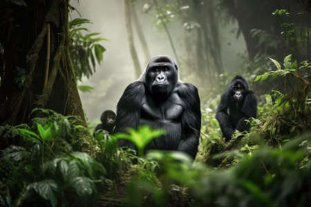 gorilla family, with mother and her offspring in lush forest, created with generative aiの素材