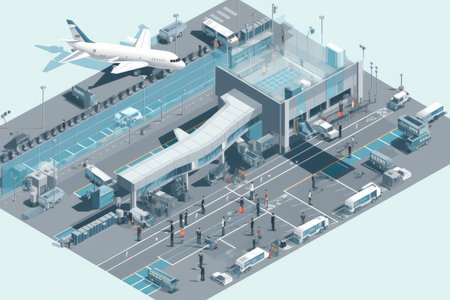 isometric view of bustling airport, with planes and people in motion, created with generative aiの素材