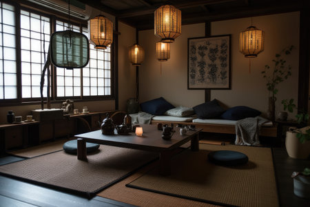 cozy living room with tatami mats, lanterns, and low tables, created with generative aiの素材