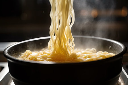 close-up of piping hot ramen with steam rising from the broth, created with generative aiの素材