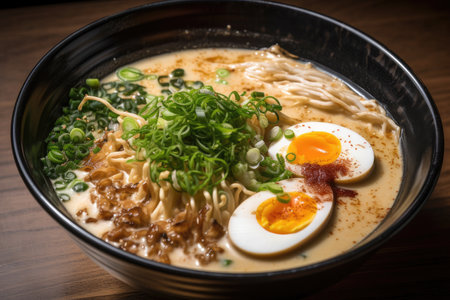close-up of creamy and rich tonkotsu ramen, with toppings of bean sprouts and green onions, created with generative aiの素材