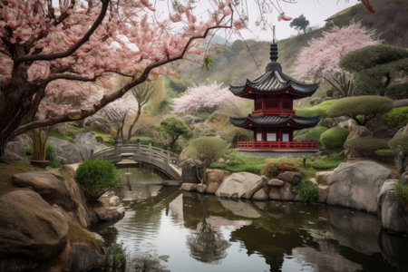peaceful china pagoda garden with blooming cherry blossoms and koi pond, created with generative aiの素材