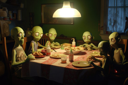 a scene of alien family members sitting around the dinner table, sharing a meal, created with generative aiの素材
