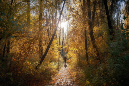 person, walking through autumn forest, with the sun shining through the trees, created with generative aiの素材