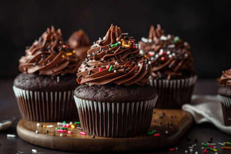 stack of chocolate cupcakes, decorated with swirls of frosting and sprinkles, created with generative aiの素材