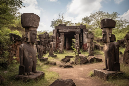 ancient ruins with towering stone statues and hidden treasures, created with generative aiの素材