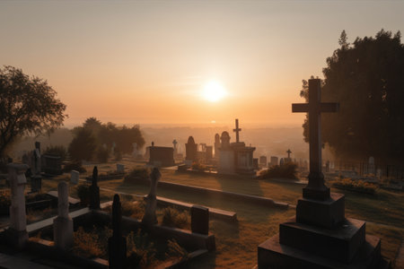 cemetery, with view of the sunrise, bringing new day and new life, created with generative aiの素材