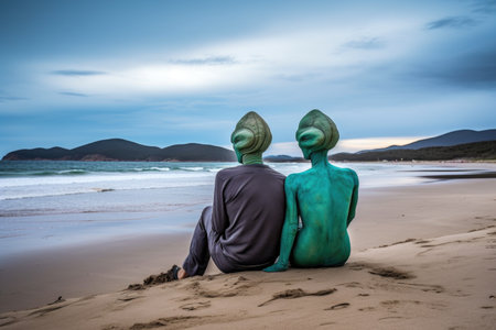 alien couple sitting on beach, looking out at the ocean view, created with generative aiの素材