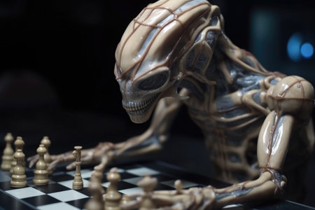 close-up of alien playing chess with the pieces in motion, created with generative aiの素材
