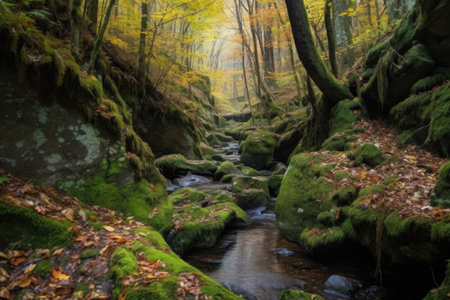 autumn forest hike with stream and moss-covered rocks, created with generative aiの素材