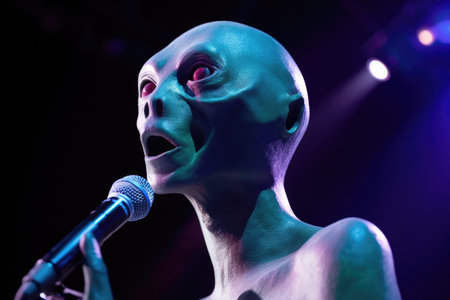 close-up of alien singer, with the audience in the background and stars visible, created with generative aiの素材