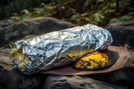 breakfast burrito, wrapped in foil and ready to be cooked over the fire, created with generative aiの素材