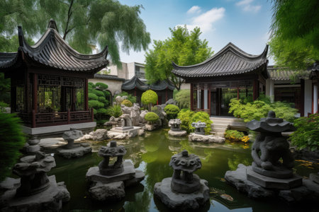 refreshing garden with water features and stone lanterns, surrounded by chinese pagodas, created with generative aiの素材