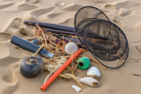 close-up of beach trash, including broken glass and discarded fishing gear, created with generative aiの素材