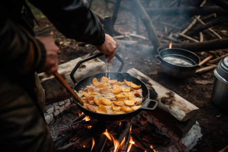 person, cooking breakfast of pancakes and bacon over campfire, created with generative aiの素材