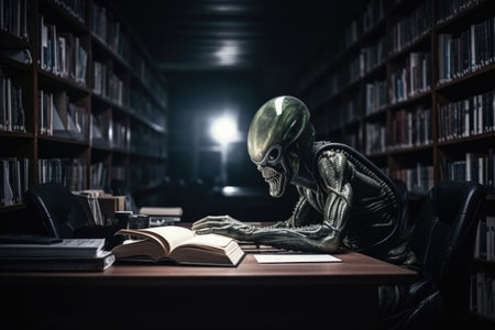 shot of alien student studying in library, surrounded by books and technology, created with generative aiの素材