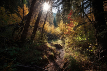 autumn forest hike with low sun rays shining through the trees, created with generative aiの素材
