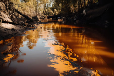 toxic spill in river, with chemical waste flowing into downstream water source, created with generative aiの素材