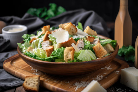 chicken caesar salad with croutons, parmesan cheese, and creamy dressing, created with generative aiの素材