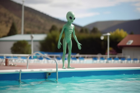 alien, dressed in swimsuit, standing on diving board at swimming pool, created with generative aiの素材