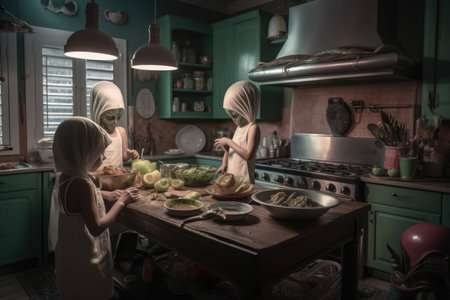alien mother cooks dinner while her children play in the kitchen, created with generative aiの素材
