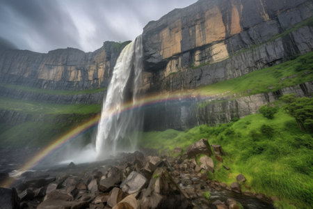 majestic waterfall, with mist and rainbows, against a dramatic mountain backdrop, created with generative aiの素材
