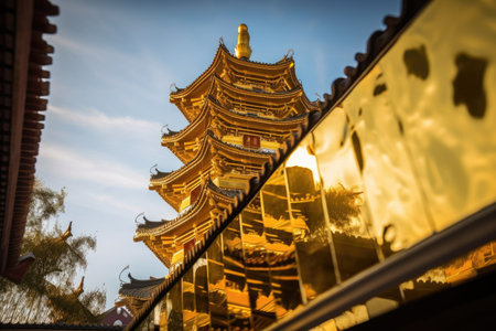 reflection of the shining sun on the gold roof of china pagoda, created with generative aiの素材