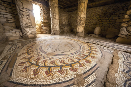 close-up of mosaic floor in ancient ruin, with stones and tiles intricately crafted, created with generative aiの素材