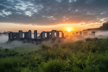 scenic view of sun rising over ruins, with misty clouds in the background, created with generative aiの素材