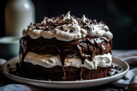 chocolate cake with chocolate ganache and homemade whipped cream on top, created with generative aiの素材