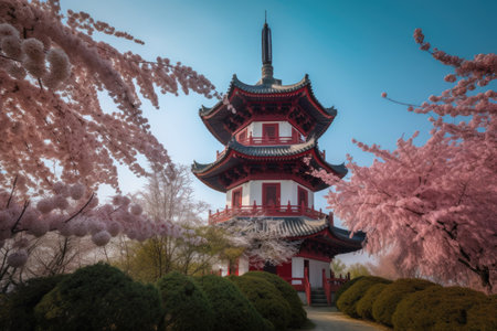 chinese pagoda surrounded by blooming cherry blossem in springtime, created with generative aiの素材