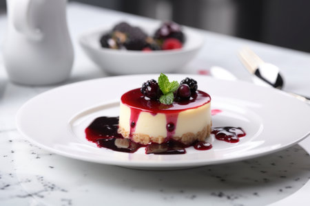 delicate cheesecake with berry sauce on a white plate, created with generative aiの素材