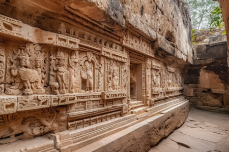 intricate and beautiful carvings on stone walls in ancient ruin, created with generative aiの素材
