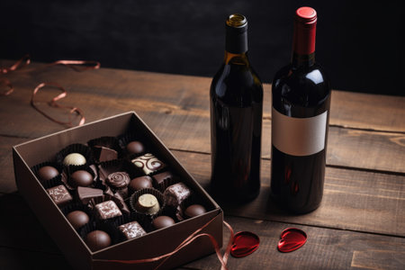 box of chocolates and bottle of red wine on table, created with generative aiの素材