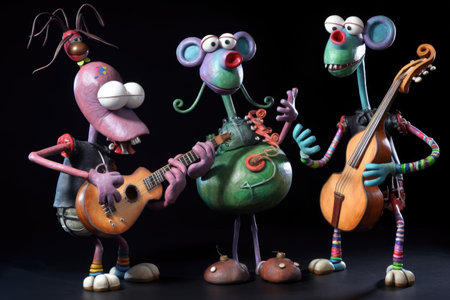 three aliens playing musical instruments and performing in a musical trio, created with generative aiの素材