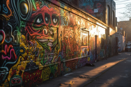 mid-afternoon sun casts a warm light on alien street art, bringing out vibrant colors, created with generative aiの素材