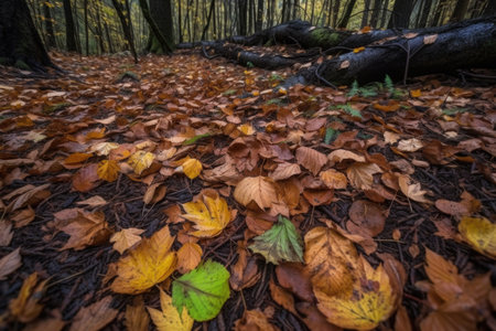 close-up of fallen leaves on the forest floor, created with generative aiの素材