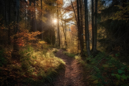 autumn forest hike with low sun rays shining through the trees, created with generative aiの素材
