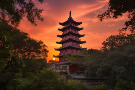 sunset view of china pagoda with orange and pink hues visible in the sky, created with generative aiの素材
