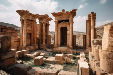 pristinely preserved ancient temple, with broken and toppled columns and archways, created with generative aiの素材