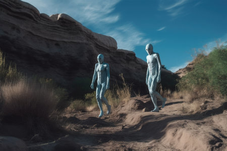 pair of aliens on a hike, exploring the natural landscape and discovering new lifeforms, created with generative aiの素材