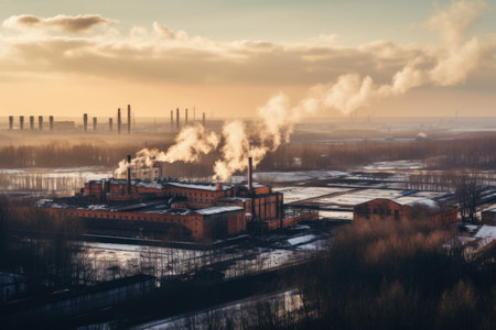 large factory, with smoke and steam rising from its chimneys, and air pollution visible in the sky, created with generative aiの素材