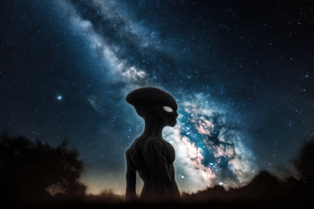 alien life form observing the night sky with stars shining, created with generative aiの素材